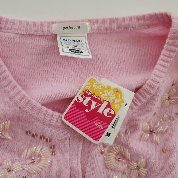 Old Navy Pink Floral Sequin Long Sleeve Button Up Cardigan Sweater Womens Medium - Picture 7 of 8